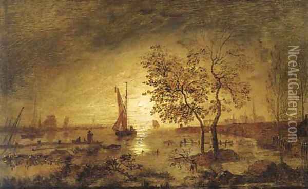 A moonlit estuary with fishing boats and a town beyond Oil Painting - Aert van der Neer