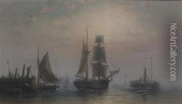Shipping At Dawn And Sunset Oil Painting - Frederick Miller