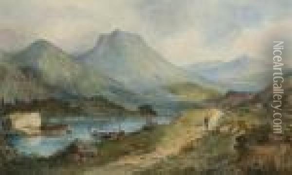 Lakeside With Mountains Beyond Oil Painting - David Cox