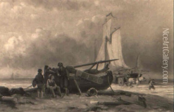 Fishermen, Boats And Horsedrawn Cart On Shore Oil Painting - Johannes Hermanus Barend Koekkoek