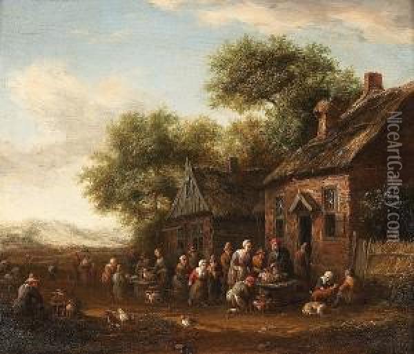 A Village With Peasants At A Chicken Market; And A Village With Peasants At A Pig Market Oil Painting - Barent Gael