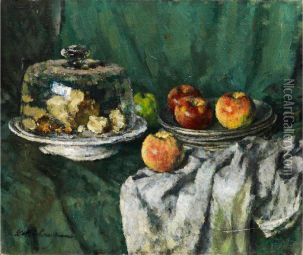 Stilleben Mit Apfeln In Einer Schale Auf Weissem Tischtuch Neben Einer Kaseglocke Oil Painting - Ludwig Muhrmann