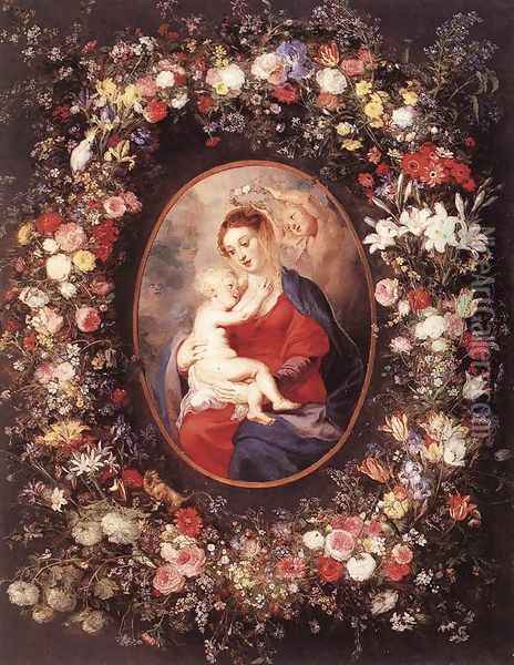 The Virgin and Child in a Garland of Flower 1621 Oil Painting - Peter Paul Rubens