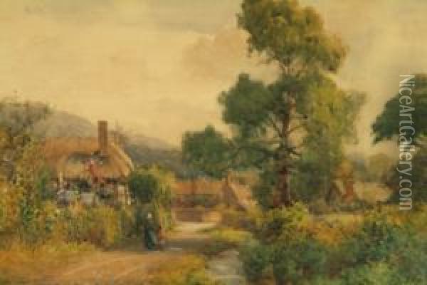 Figures On A Country Lane By A Thatched Cottage, Village Beyond, Signed Lower Left Oil Painting - Arthur Netherwood