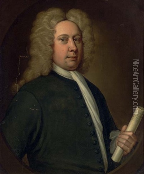 Portrait Of A Gentleman (member Of The Mitford Family?) In A Black Coat, Holding A Scroll Oil Painting - Thomas Gibson