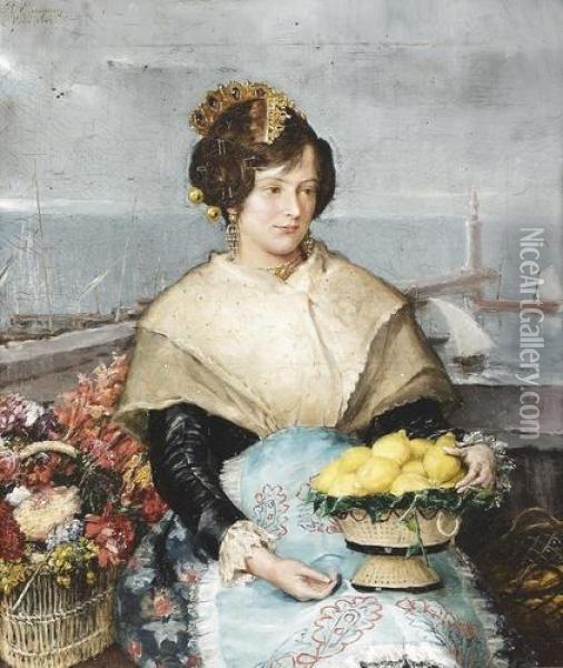 Junge Spanische Trachtenfrau Mit Zitronenkorb. Oil Painting - Rafael Enriquez
