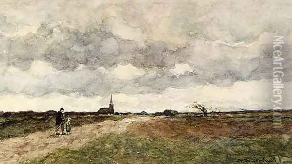 Figures On A Country Road, A Church In The Distance Oil Painting - Jan Hendrik Weissenbruch