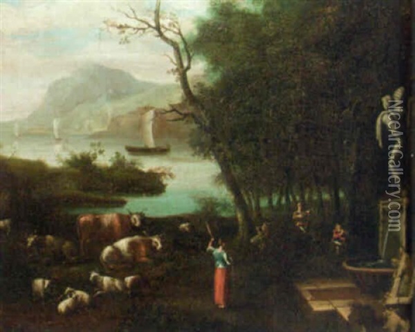 A River Landscape With A Shepherdess And Peasants Making Music By A Fountain Oil Painting - Adriaen Van Diest