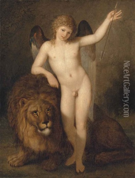 Cupid With A Lion In A Wooded Landscape Oil Painting - Benigne Gagneraux