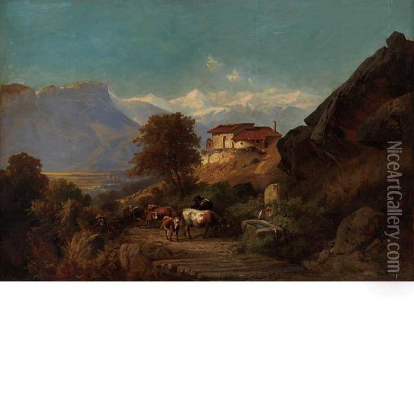 Drover And Cattle Along An Alpine Road Oil Painting - Otto Sommer