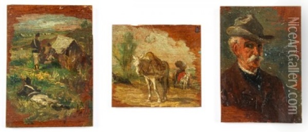 Soldiers, Portrait Of A Man, And Horses (3 Works) Oil Painting - Giovanni Fattori