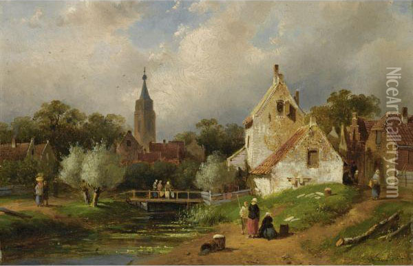 A View Of A Riverside Village In Summer Oil Painting - Charles Henri Leickert