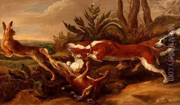 Hounds chasing hares in a landscape Oil Painting - Jan van Kessel