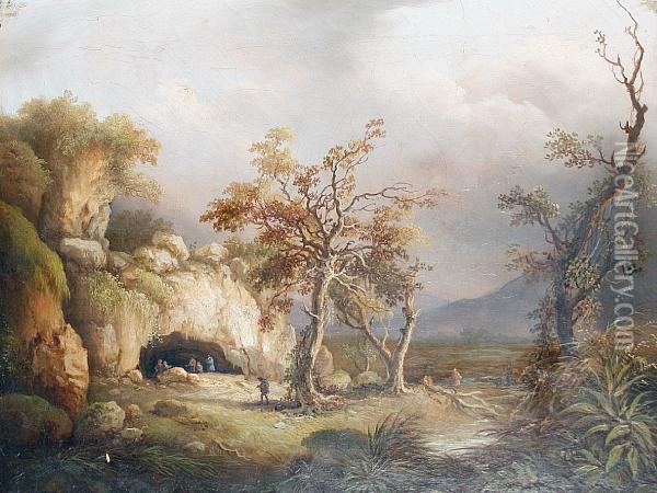Figures In A Cavern Mouth Oil Painting - George Barratt