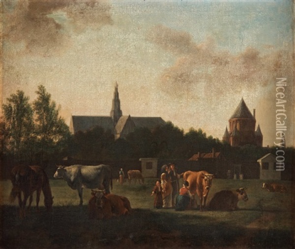 Cattle And Figures Outside Haarlem Oil Painting - Gerrit Adriaensz Berckheyde