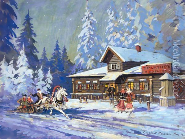 Sleigh Ride Through A Russian Village Oil Painting - Konstantin Alexeievitch Korovin