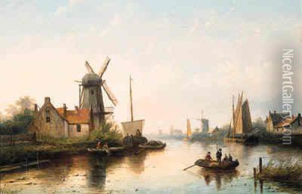 A River Landscape With Villagers In Rowing Boat And Sailing Barges,at Dusk Oil Painting - Jan Jacob Coenraad Spohler