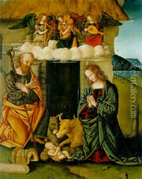 The Nativity With Music-making Angels Oil Painting - Giovanni Battista Caporali
