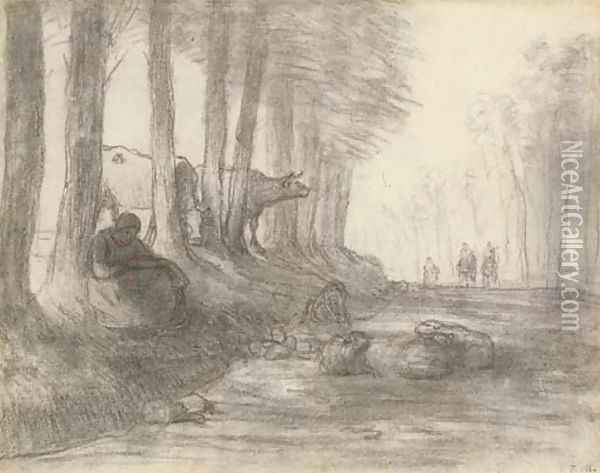 Jeune bergere avec son troupeau au bord d'une route Oil Painting - Jean-Francois Millet