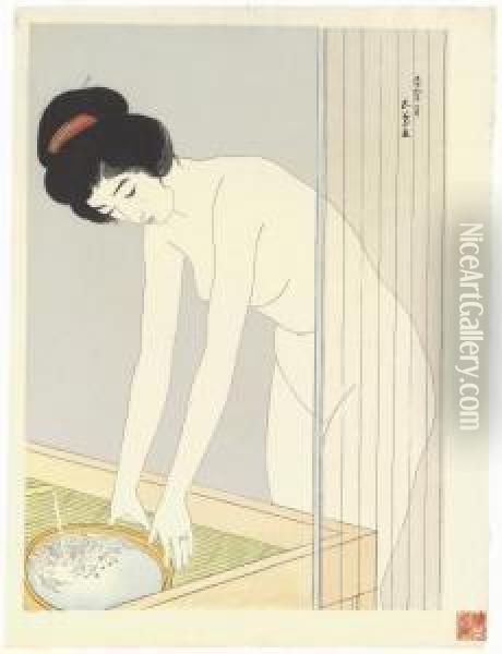 Kao Arau Onna/woman Washing Her Face Oil Painting - Goyo Hashiguchi