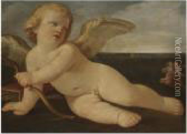 Cupid Resting With A Woman Chasing A Man In The Background Oil Painting - Guido Reni