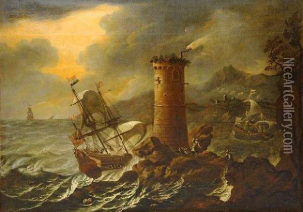 Navires Sur Une Mer Agitee Aux Abords D'un Phare. Oil Painting - Francesco M Borzone