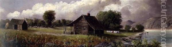 Log Cabin, Lakeshore Oil Painting - George Lafayette Clough