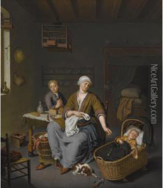A Young Mother Tending To Her Two Children In A Domestic Interior Oil Painting - Willem van Mieris