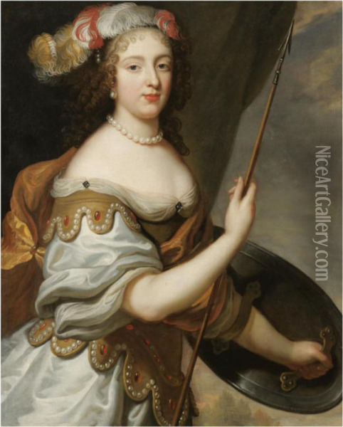 Portrait Of A Lady, Said To Be The Marquise D'alluye, Half Length,as Minerva Oil Painting - Henri Beaubrun