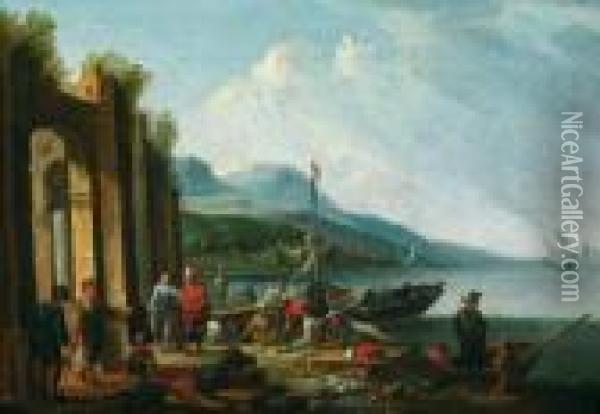 Scena Portuale Con Arrivo Di Mercanti Oil Painting - Jan Frans I Van Bredael
