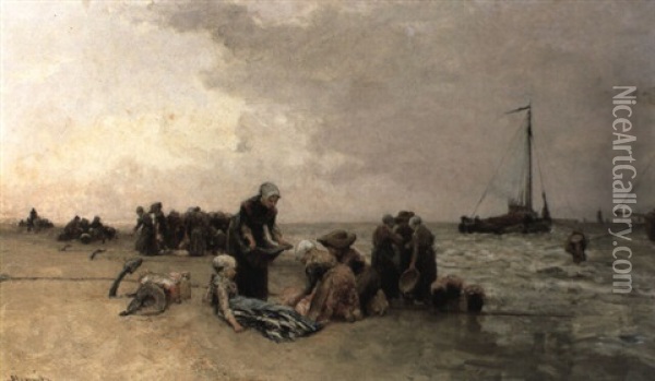 Gathering The Washing On The Beach Oil Painting - Bernardus Johannes Blommers