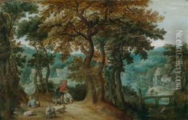 Bewaldete Landschaft Mit Einem Bauernpaar Auf Demweg Zum Markt Und Einem Ziegenhirten Oil Painting - Anton Mirou