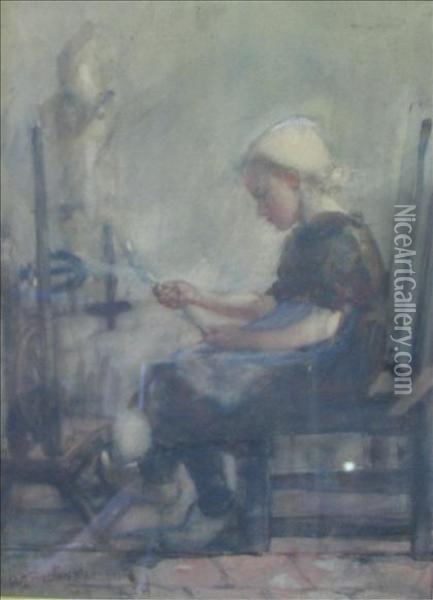 Young Girl Spinning Oil Painting - Hannah Clarke Prest. Macgoun