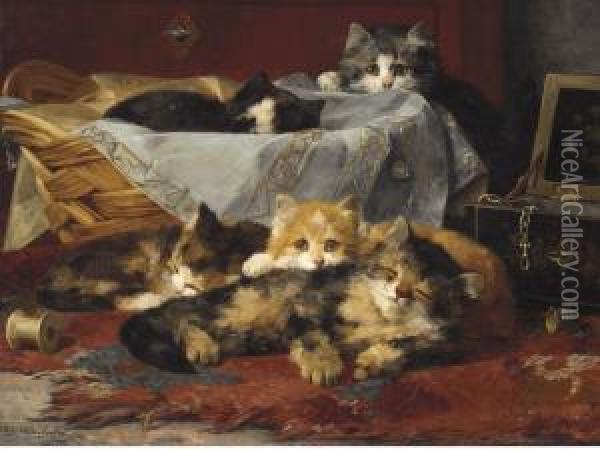 Kittens In A Basket Oil Painting - Charles van den Eycken