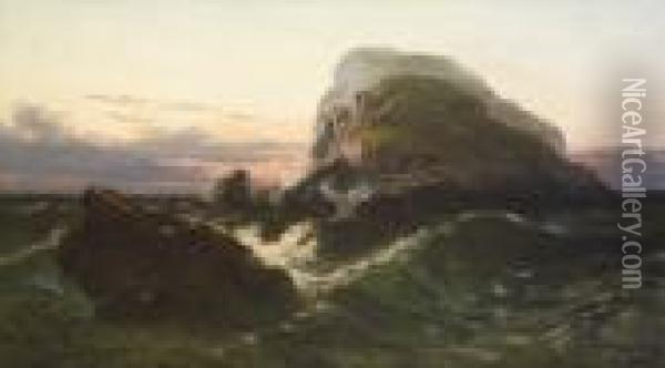 A Rocky Outcrop At Sunset - 'solitude - Mackdara's Isle' Oil Painting - Thomas Rose Miles