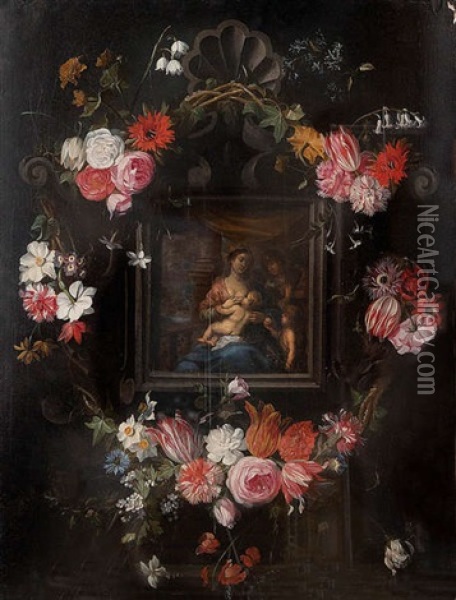La Vierge A L'enfant Jesus Et Saint Jean Entoures D'une Guirlande De Fleurs Oil Painting - Peeter Van Avont