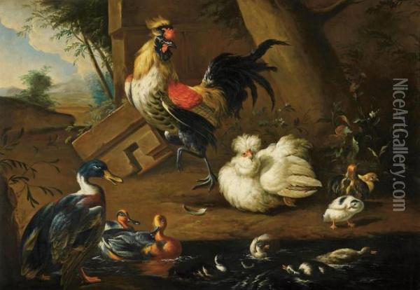 Huhner Und Enten Vor Einem Architekturfragment Oil Painting - Melchior de Hondecoeter