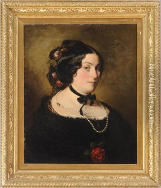 Portrait Of A Woman With Black Ribbon Around Her Neck Oil Painting - Franz Xavier Winterhalter