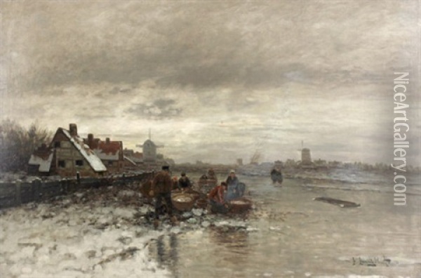 Winterlicher Fischmarkt Am Zugefroreren Fluss Oil Painting - Johann Jungblut