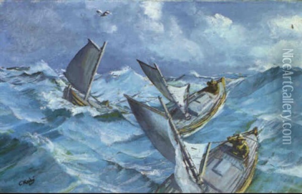 Marine Med Fiskerbade, Frisk Veir Oil Painting - Christian Krohg