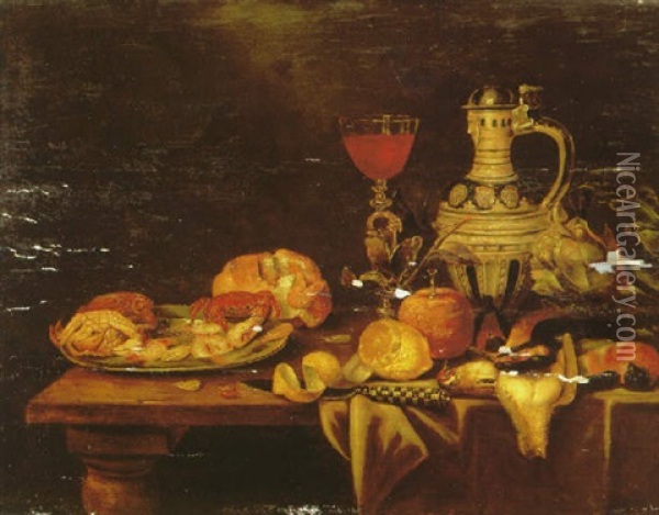 A Still Life Of A Silver Plate With Shellfish, A Peeled Lemon, An Orange, Dead Fowl, An Artichoke, A Saltglazed Stone Jug, A Glass Of Red Wine And A Loaf Of Bread Oil Painting - Alexander Adriaenssen the Elder
