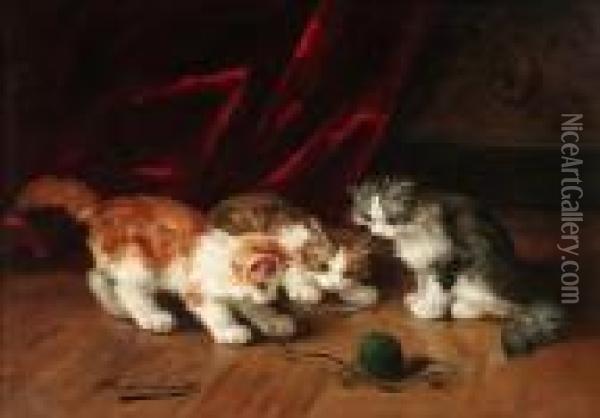 Drei Katzchen Spielen Mit Einem Wollknauel Oil Painting - Alphonse de Neuville