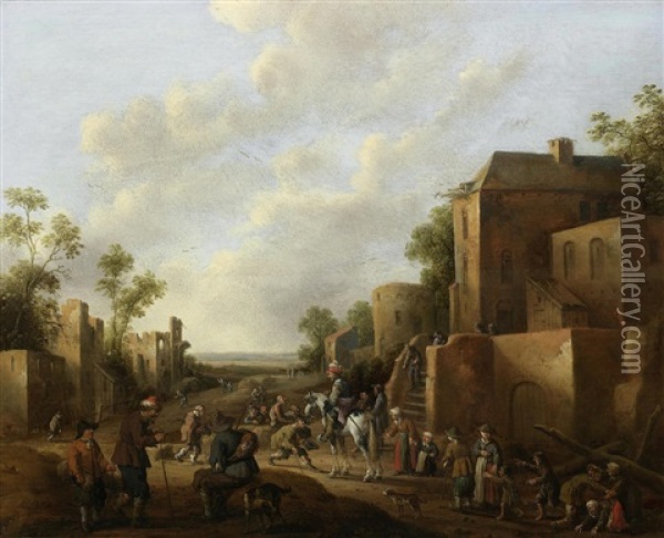 A Village With Figures Gathered Outside An Inn Oil Painting - Joost Cornelisz. Droochsloot