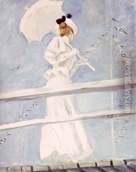 Young Woman with a Parasol on a Jetty Oil Painting - Paul Cesar Helleu
