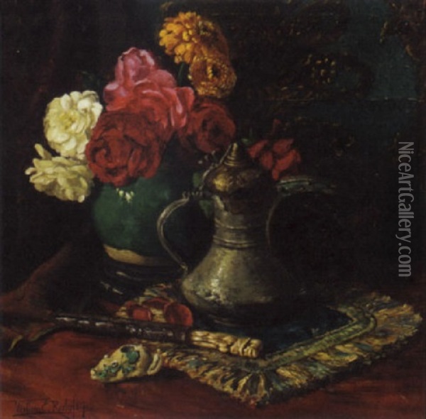 Roses In A Chinese Jar Amongst Oriental Objects Oil Painting - Willem Elisa Roelofs