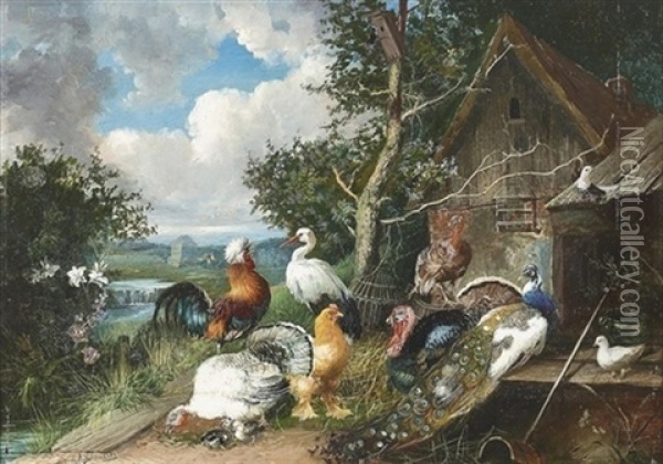 Prachtiges Federvieh Und Ein Storch Auf Einem Bauernhof Oil Painting - Julius Scheuerer