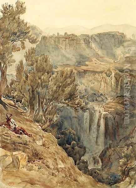 A view of Tivoli with an Italian peasant resting near a cliff Oil Painting - Paul Huet