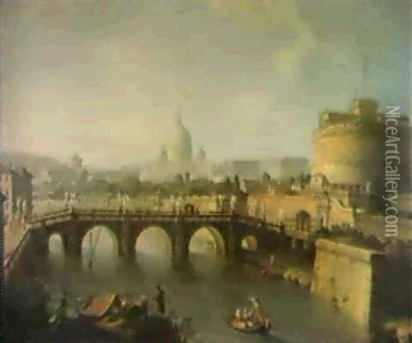 The River Tiber, Rome, Showing The Castle Sant Angelo... Oil Painting - Antonio Joli