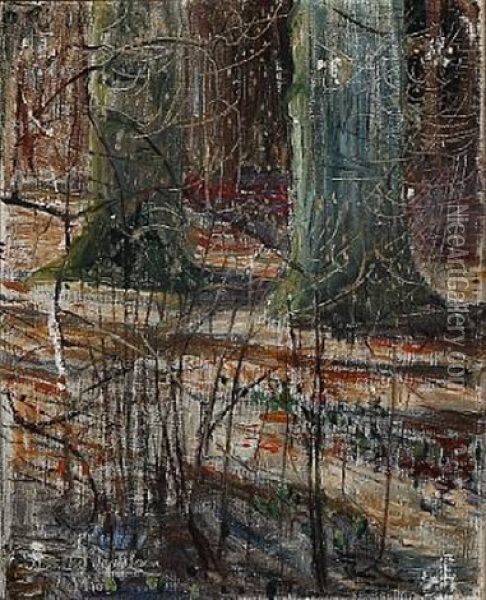 Forest Scenes (2 Works, 1 Lrgr) Oil Painting - Aage Bertelsen