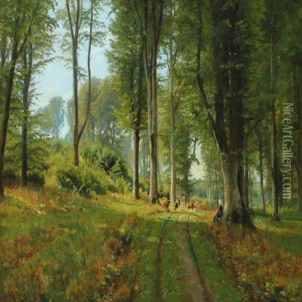 Cows Grazing In A Clearing In The Forest Oil Painting - Christian Zacho